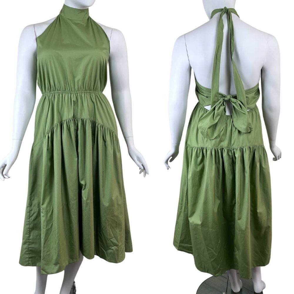 Vince Women Size XL Green Draped Halter High Low Cotton Ruffle Midi NEW Dress